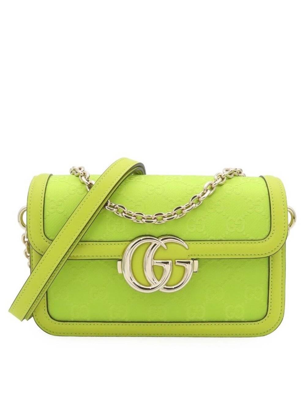 Gucci Go Chain Shoulder Bag Lime Green GG Leather Satin Double G 2-Way